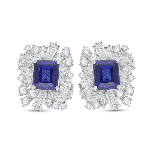 [EAR01SAP00WCZC542] Sterling Silver 925 Earring Rhodium Plated Embedded With Sapphire Corundum And White Zircon