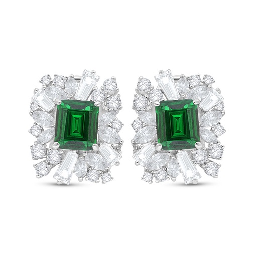 [EAR01EMR00WCZC542] Sterling Silver 925 Earring Rhodium Plated Embedded With Emerald Zircon And White Zircon