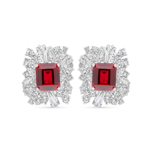 [EAR01RUB00WCZC542] Sterling Silver 925 Earring Rhodium Plated Embedded With Ruby Corundum And White Zircon