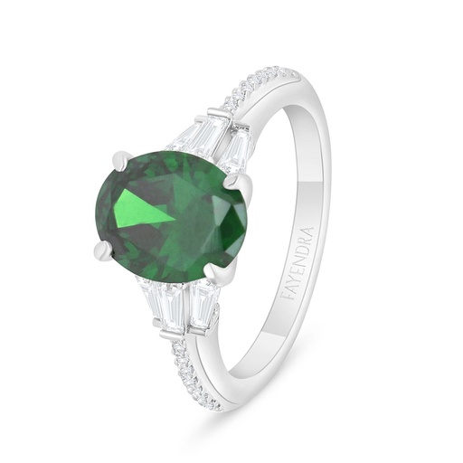 Sterling Silver 925 Ring Rhodium Plated Embedded With Emerald Zircon And White Zircon