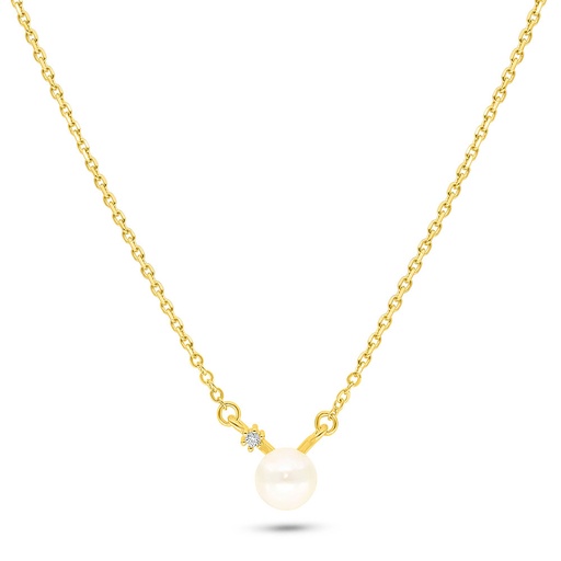[NCL02PRL00WCZB724] Sterling Silver 925 Necklace Golden Plated Embedded With Fresh Water Pearl And White Zircon