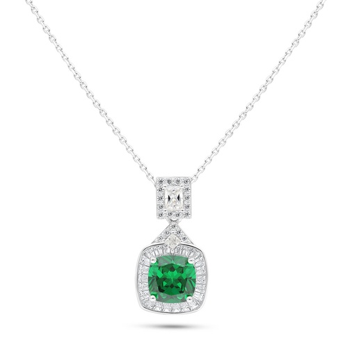 [NCL01EMR00WCZB731] Sterling Silver 925 Necklace Rhodium Plated Embedded With Emerald Zircon And White Zircon