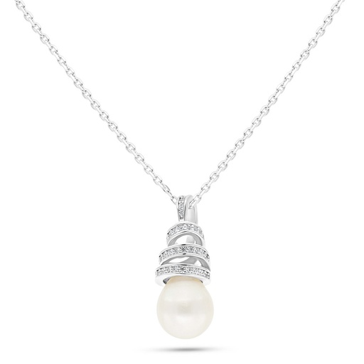 [NCL01PRL00WCZB768] Sterling Silver 925 Necklace Rhodium Plated Embedded With Fresh Water Pearl And White Zircon