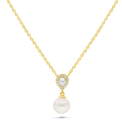 [NCL02PRL00CITB776] Sterling Silver 925 Necklace Golden Plated Embedded With Fresh Water Pearl And Diamond Color Zircon And White Zircon