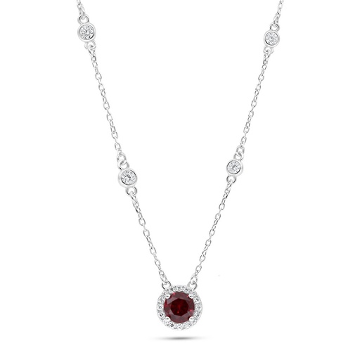 [NCL01RUB00WCZB792] Sterling Silver 925 Necklace Rhodium Plated Embedded With Ruby Corundum And White Zircon