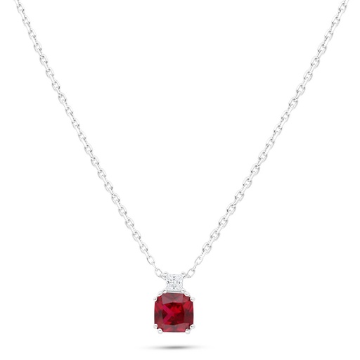 [NCL01RUB00WCZB795] Sterling Silver 925 Necklace Rhodium Plated Embedded With Ruby Corundum And White Zircon