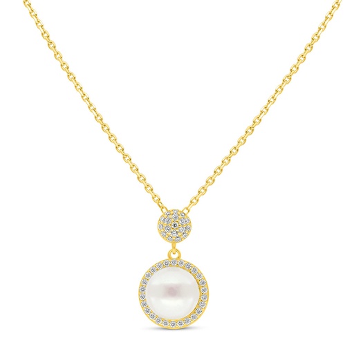 [NCL02PRL00WCZB797] Sterling Silver 925 Necklace Golden Plated Embedded With Fresh Water Pearl And White Zircon