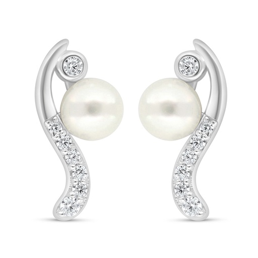 [EAR01PRL00WCZC614] Sterling Silver 925 Earring Rhodium Plated Embedded With Fresh Water Pearl And White Zircon