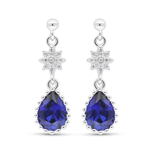 [EAR01SAP00WCZC618] Sterling Silver 925 Earring Rhodium Plated Embedded With Sapphire Corundum And White Zircon