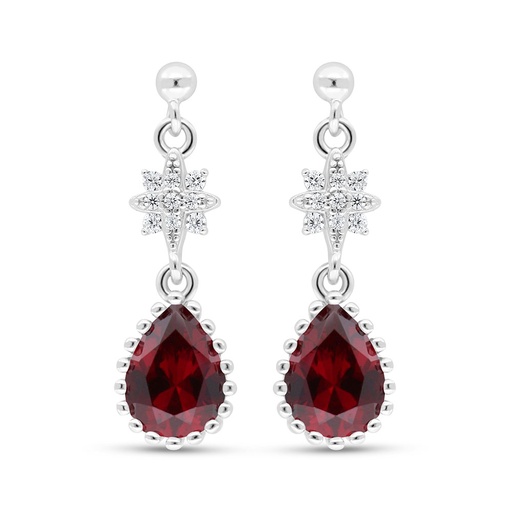 [EAR01RUB00WCZC618] Sterling Silver 925 Earring Rhodium Plated Embedded With Ruby Corundum And White Zircon
