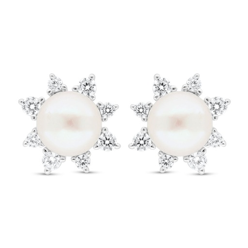 [EAR01PRL00WCZC619] Sterling Silver 925 Earring Rhodium Plated Embedded With Fresh Water Pearl And White Zircon