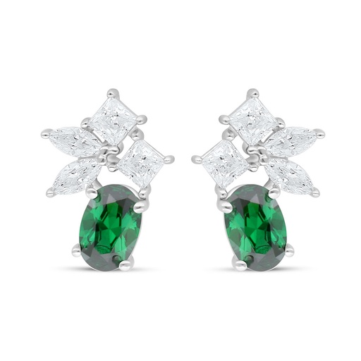 [EAR01EMR00WCZC637] Sterling Silver 925 Earring Rhodium Plated Embedded With Emerald Zircon And White Zircon