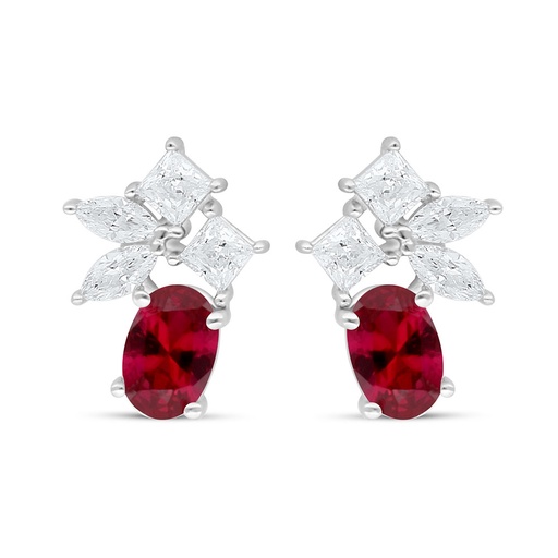 [EAR01RUB00WCZC637] Sterling Silver 925 Earring Rhodium Plated Embedded With Ruby Corundum And White Zircon