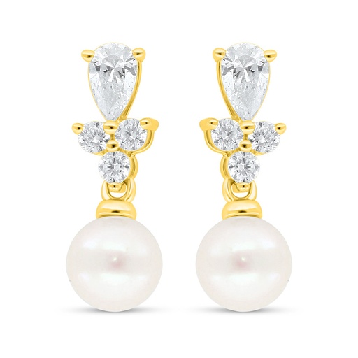 [EAR02PRL00WCZC644] Sterling Silver 925 Earring Golden Plated Embedded With Fresh Water Pearl And White Zircon