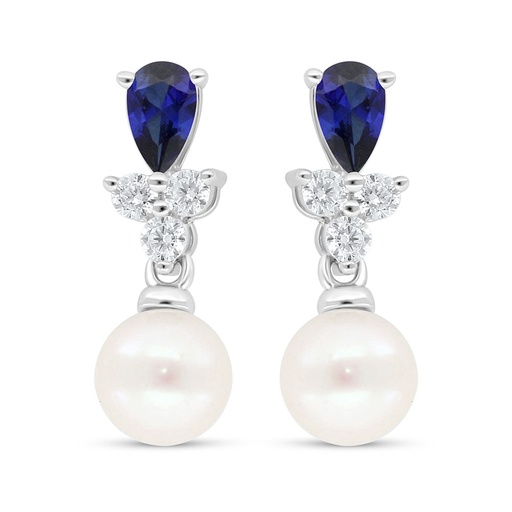 [EAR01PRL00SAPC644] Sterling Silver 925 Earring Rhodium Plated Embedded With Fresh Water Pearl And Sapphire Corundum And White Zircon
