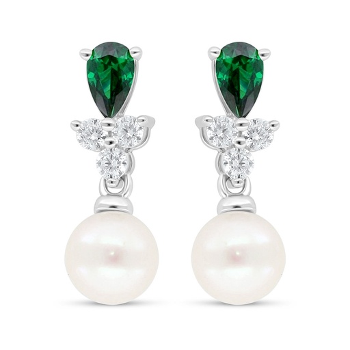 [EAR01PRL00EMRC644] Sterling Silver 925 Earring Rhodium Plated Embedded With Fresh Water Pearl And Emerald Zircon And White Zircon