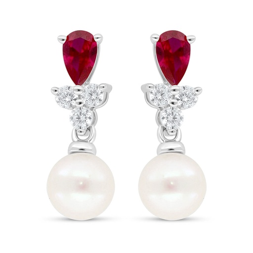[EAR01PRL00RUBC644] Sterling Silver 925 Earring Rhodium Plated Embedded With Fresh Water Pearl And Ruby Corundum And White Zircon