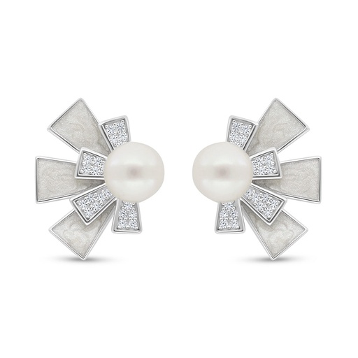 [EAR01PRL00MOPC645] Sterling Silver 925 Earring Rhodium Plated Embedded With Fresh Water Pearl And White Shell And White Zircon