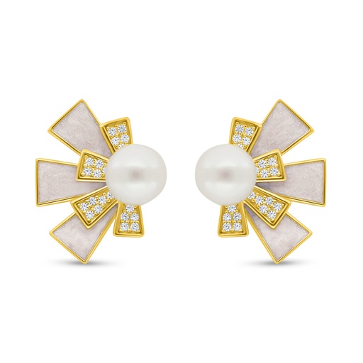 [EAR02PRL00MOPC645] Sterling Silver 925 Earring Golden Plated Embedded With Fresh Water Pearl And White Shell And White Zircon