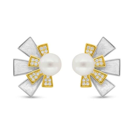 [EAR28PRL00MOPC645] Sterling Silver 925 Earring Rhodium And Golden Plated Embedded With Fresh Water Pearl And White Shell And White Zircon