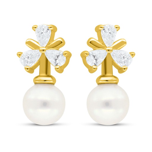 [EAR02PRL00WCZC648] Sterling Silver 925 Earring Golden Plated Embedded With Fresh Water Pearl And White Zircon