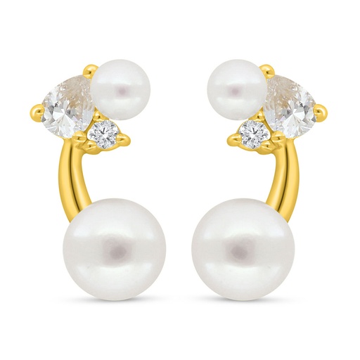 [EAR02PRL00WCZC651] Sterling Silver 925 Earring Golden Plated Embedded With Fresh Water Pearl And White Zircon