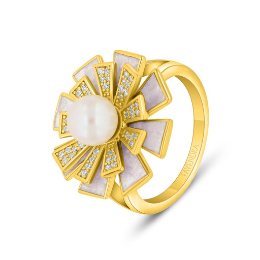 Sterling Silver 925 Ring Golden Plated Embedded With Fresh Water Pearl And White Shell And White Zircon