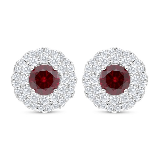 [EAR01RUB00WCZC693] Sterling Silver 925 Earring Rhodium Plated Embedded With Ruby Corundum And White Zircon