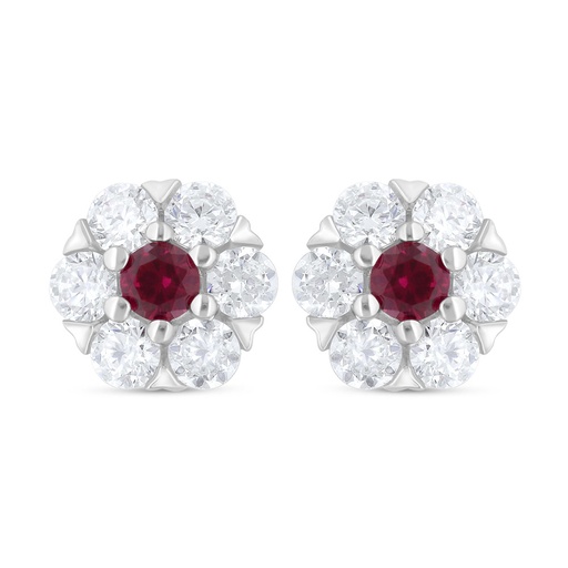 [EAR01RUB00WCZC701] Sterling Silver 925 Earring Rhodium Plated Embedded With Ruby Corundum And White Zircon