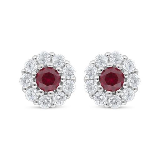 [EAR01RUB00WCZC703] Sterling Silver 925 Earring Rhodium Plated Embedded With Ruby Corundum And White Zircon