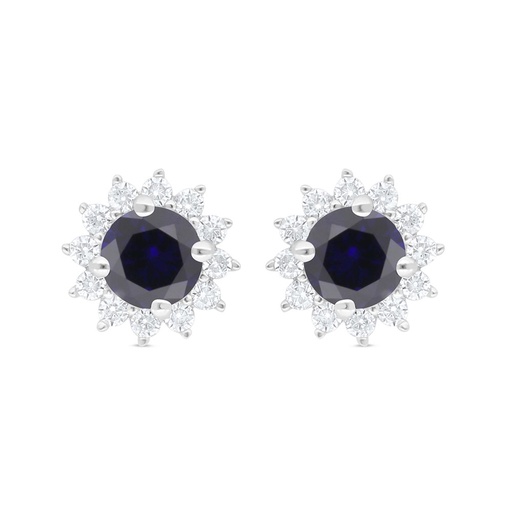 [EAR01SAP00WCZC706] Sterling Silver 925 Earring Rhodium Plated Embedded With Sapphire Corundum And White Zircon