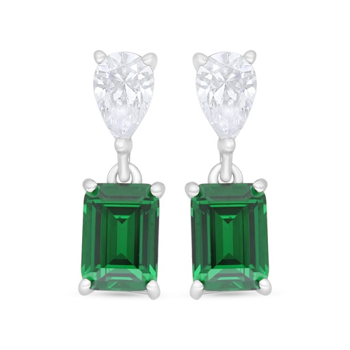 [EAR01EMR00WCZC729] Sterling Silver 925 Earring Rhodium Plated Embedded With Emerald Zircon And White Zircon