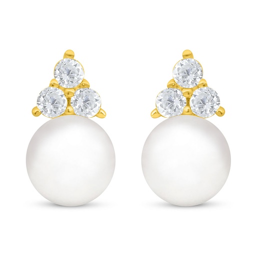 [EAR02FPR00WCZC752] Sterling Silver 925 Earring Golden Plated Embedded With Natural White Pearl And White Zircon