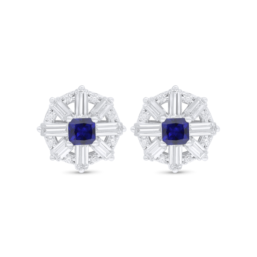 [EAR01SAP00WCZC769] Sterling Silver 925 Earring Rhodium Plated Embedded With Sapphire Corundum And White Zircon