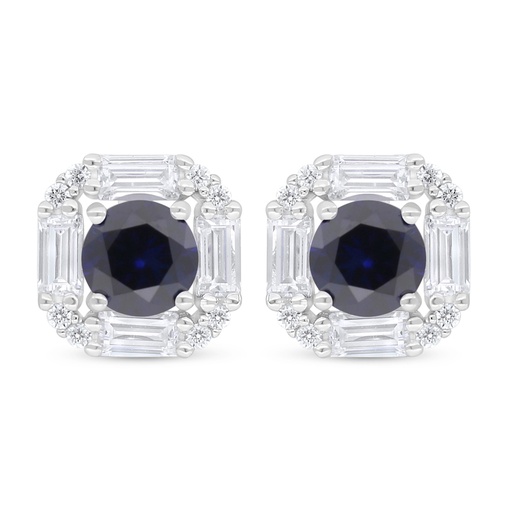 [EAR01SAP00WCZC770] Sterling Silver 925 Earring Rhodium Plated Embedded With Sapphire Corundum And White Zircon