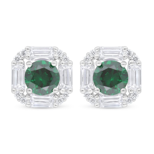 [EAR01EMR00WCZC770] Sterling Silver 925 Earring Rhodium Plated Embedded With Emerald Zircon And White Zircon