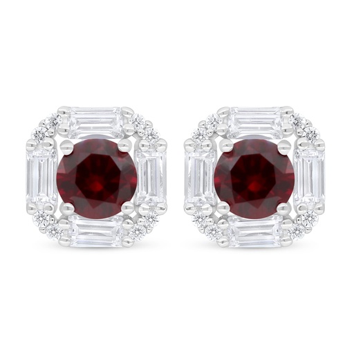 [EAR01RUB00WCZC770] Sterling Silver 925 Earring Rhodium Plated Embedded With Ruby Corundum And White Zircon