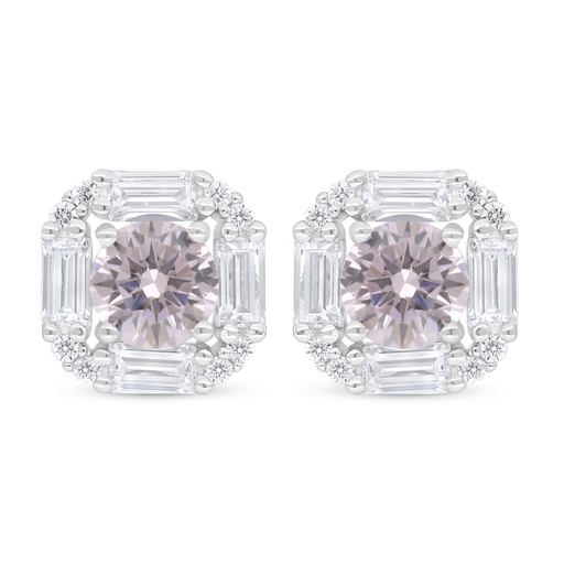 [EAR01PIK00WCZC770] Sterling Silver 925 Earring Rhodium Plated Embedded With Pink Zircon And White Zircon