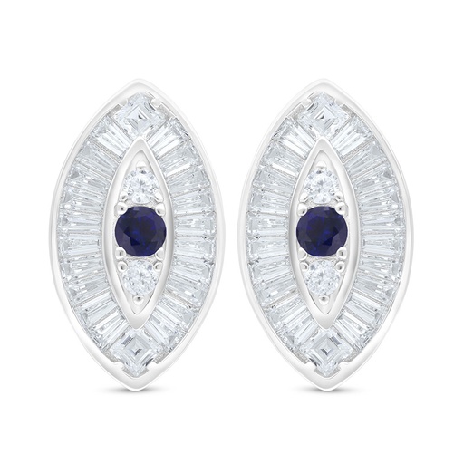 [EAR01SAP00WCZC791] Sterling Silver 925 Earring Rhodium Plated Embedded With Sapphire Corundum And White Zircon