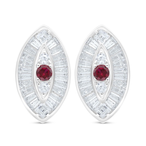 [EAR01RUB00WCZC791] Sterling Silver 925 Earring Rhodium Plated Embedded With Ruby Corundum And White Zircon