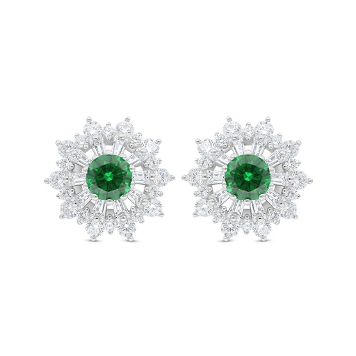 [EAR01EMR00WCZC799] Sterling Silver 925 Earring Rhodium Plated Embedded With Emerald Zircon And White Zircon