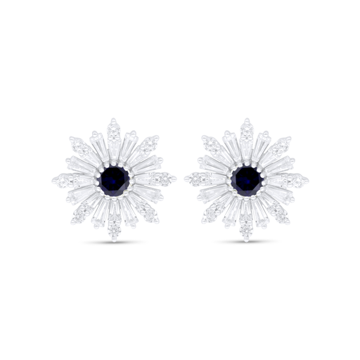 [EAR01SAP00WCZC803] Sterling Silver 925 Earring Rhodium Plated Embedded With Sapphire Corundum And White Zircon