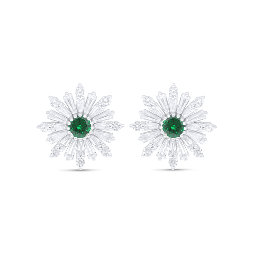 [EAR01EMR00WCZC803] Sterling Silver 925 Earring Rhodium Plated Embedded With Emerald Zircon And White Zircon