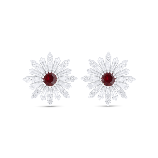 [EAR01RUB00WCZC803] Sterling Silver 925 Earring Rhodium Plated Embedded With Ruby Corundum And White Zircon