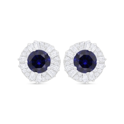 [EAR01SAP00WCZC804] Sterling Silver 925 Earring Rhodium Plated Embedded With Sapphire Corundum And White Zircon