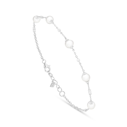 [BRC01FPR00000B395] Sterling Silver 925 Bracelet Rhodium Plated Embedded With Natural White Pearl 