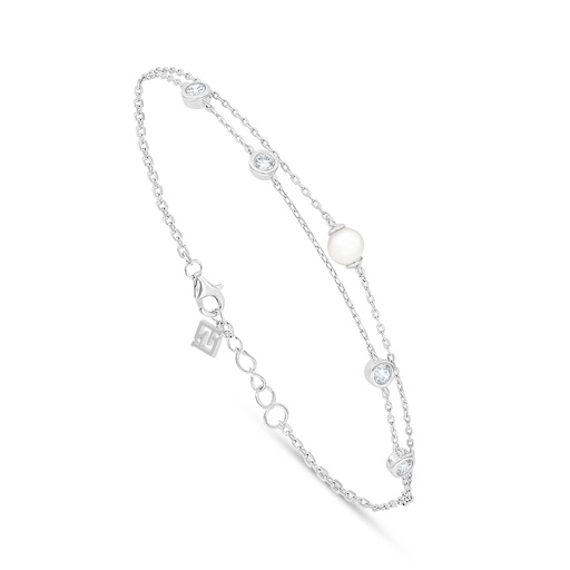 [BRC01FPR00WCZB396] Sterling Silver 925 Bracelet Rhodium Plated Embedded With Natural White Pearl And White Zircon 