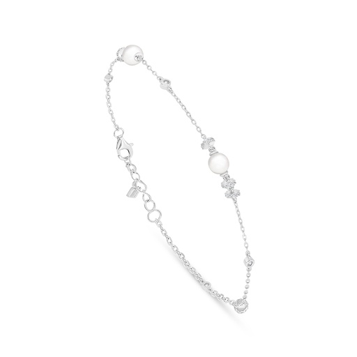 [BRC01FPR00WCZB397] Sterling Silver 925 Bracelet Rhodium Plated Embedded With Natural White Pearl And White Zircon 