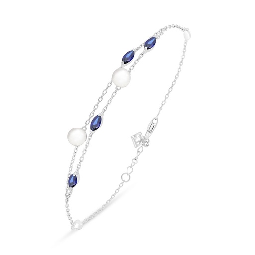 [BRC01FPR00SAPB408] Sterling Silver 925 Bracelet Rhodium Plated Embedded With Natural White Pearl And Sapphire Corundum