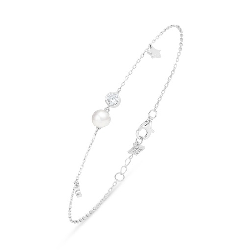 [BRC01FPR00WCZB399] Sterling Silver 925 Bracelet Rhodium Plated Embedded With Natural White Pearl And White Zircon